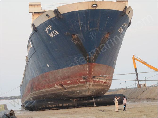 Ro-ro cargo ship docking with balloons 